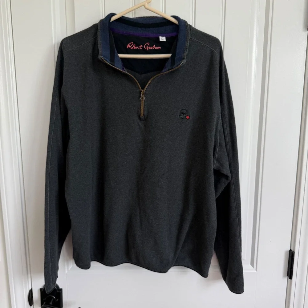 Robert Graham Gray 1/4 Zip Sweater Pullover Classic Fit Men's XL Skull Rose